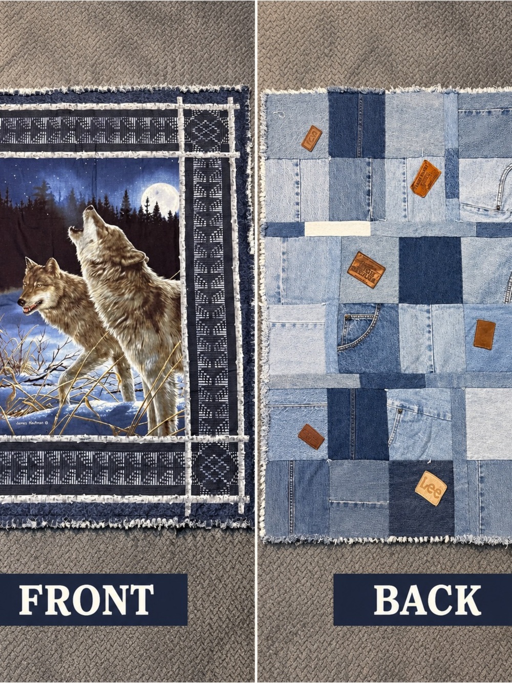 Handmade Denim Quilt Wall Hanging James Hautman Wolves Upcycled Jeans Folk Art